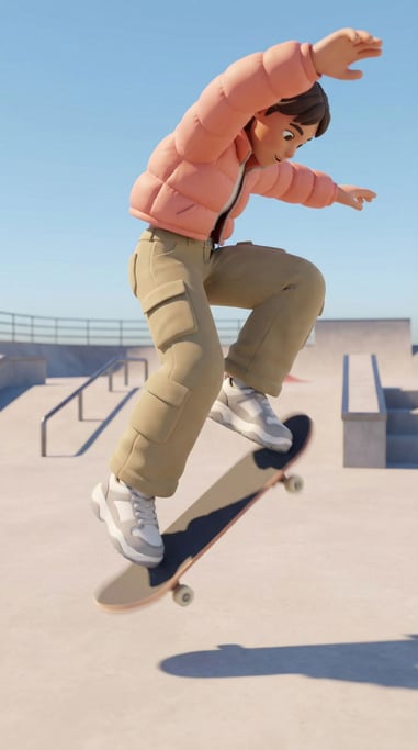 3D rendered stylized character — skatepark kid mid-ollie — board tilted at peak height, knees bent