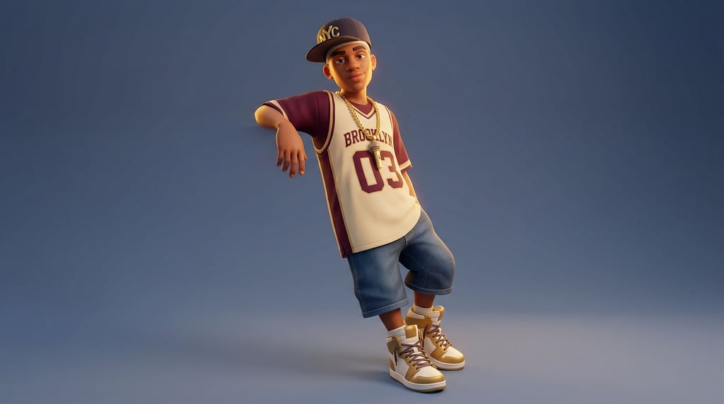 3D rendered stylized character — hip-hop inspired character in an oversized basketball jersey in cream and burgundy