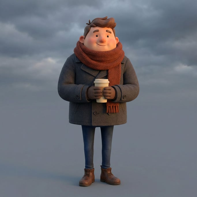 3D rendered stylized character — cozy character in autumn layers — chunky knit scarf in burnt sienna wrapped high