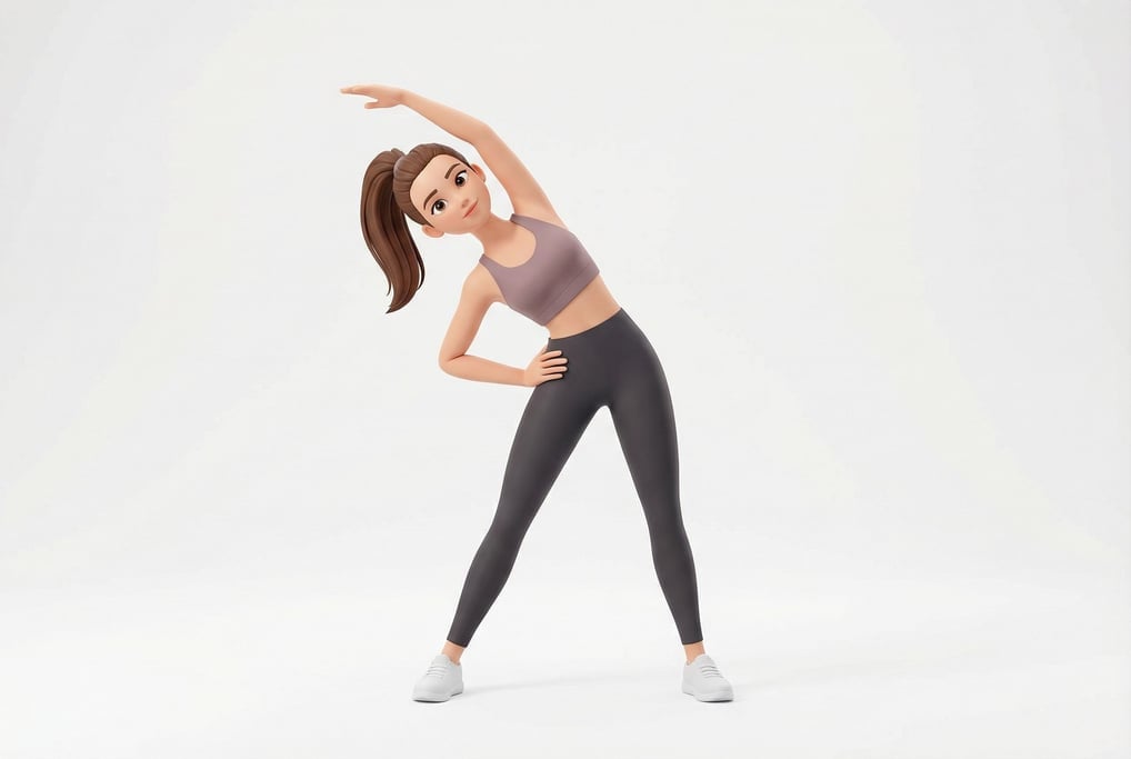 3D rendered stylized character — fitness character mid-stretch — a woman in a sports bra in dusty mauve and high-waisted leggings in charcoal