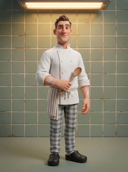 3D rendered stylized character — chef character in crisp whites — double-breasted jacket
