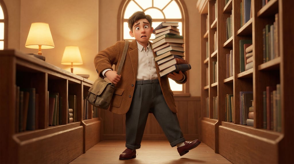 3D rendered stylized character — student character loaded with books — oversized corduroy blazer in warm brown