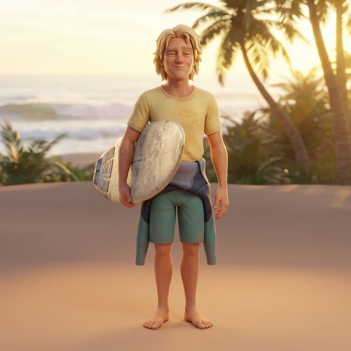 3D rendered stylized character — surfer character — wetsuit peeled to the waist revealing a sun-bleached tee