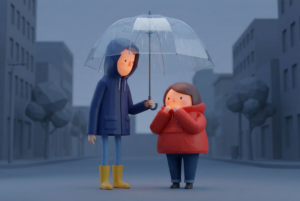 3D rendered stylized scene — two characterssharing an umbrella — one tall in a long navy raincoat and rubber boots in yellow