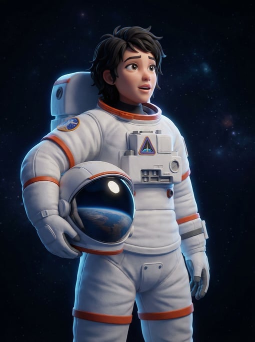 3D rendered stylized character — astronaut character removing helmet — the suit bulky and white with orange accents