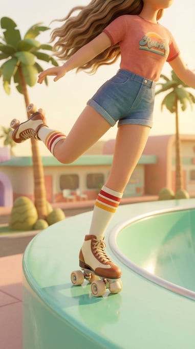 3D rendered stylized character — roller-skater in motion — high-waisted denim shorts