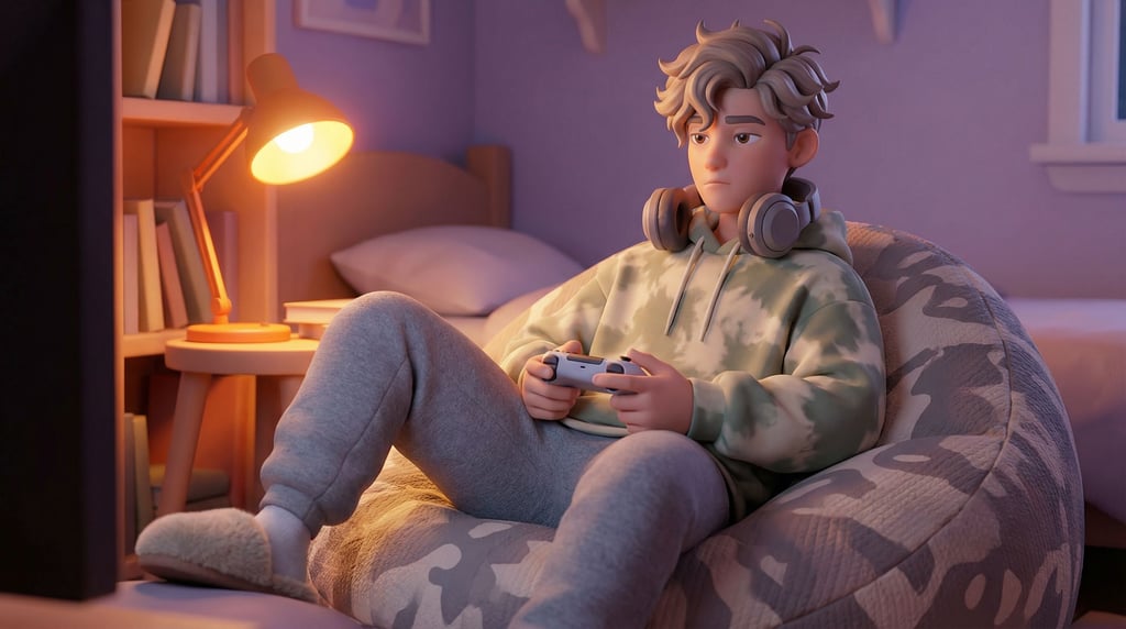 3D rendered stylized character — lounging in a beanbag — oversized tie-dye hoodie in muted sage and cream