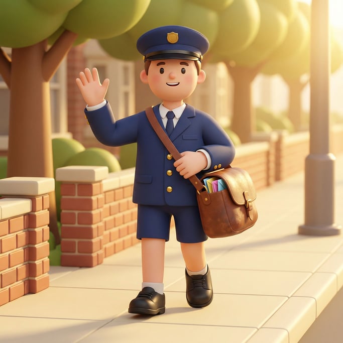 3D rendered stylized character — mail carrier character — crisp uniform in navy with brass buttons