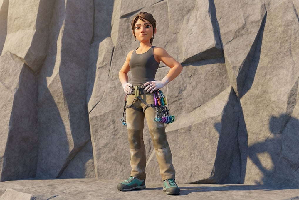 3D rendered stylized character — rock climber at rest — chalk-dusted hands on hips