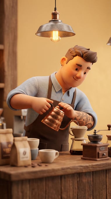 3D rendered stylized character — barista character behind a counter — rolled sleeves on a chambray shirt in pale blue