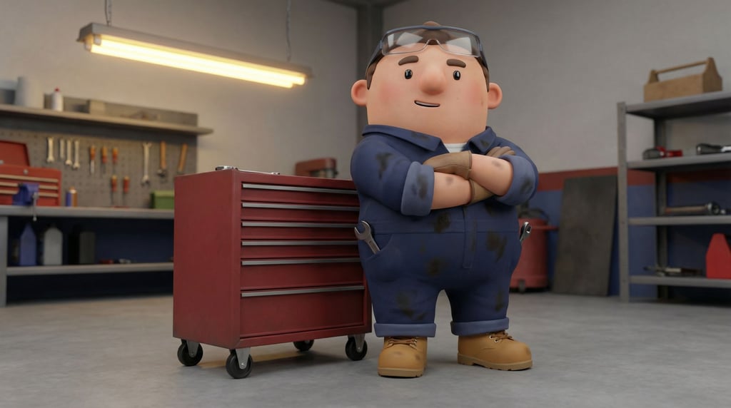 3D rendered stylized character — workshop mechanic — oil-stained coveralls in navy rolled to the elbows