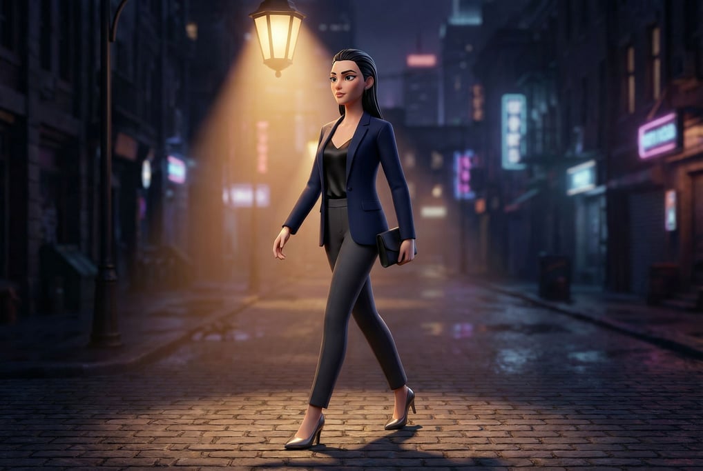 3D rendered stylized character — night-out character — fitted blazer in midnight blue over a black silk camisole