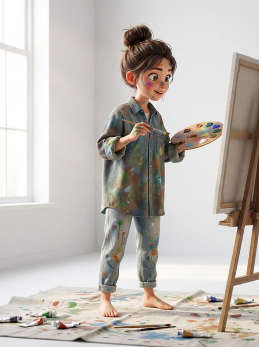 3D rendered stylized character — young artist character splattered with paint — oversized denim shirt covered in drips of muted colors