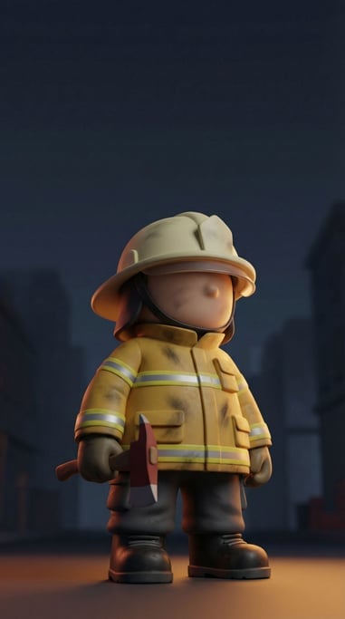 3D rendered Vinyl-figure proportions: a firefighter in full turnout gear — helmet in matte cream