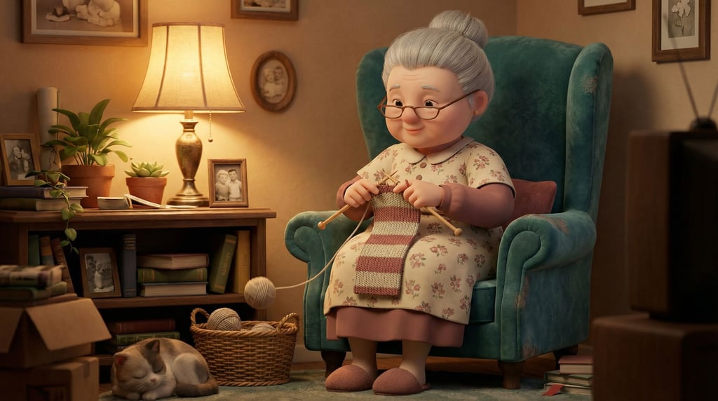 3D rendered stylized character — grandmother character knitting — seated in a wingback chair in worn velvet teal