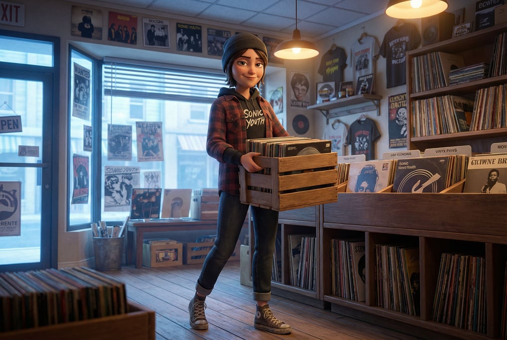 3D rendered stylized character — record store employee — vintage band hoodie in faded black under a flannel in red and charcoal plaid