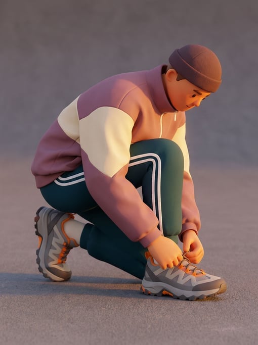 3D rendered stylized character — in layered streetwear crouching to tie a shoe — windbreaker in mauve and cream color-blocked