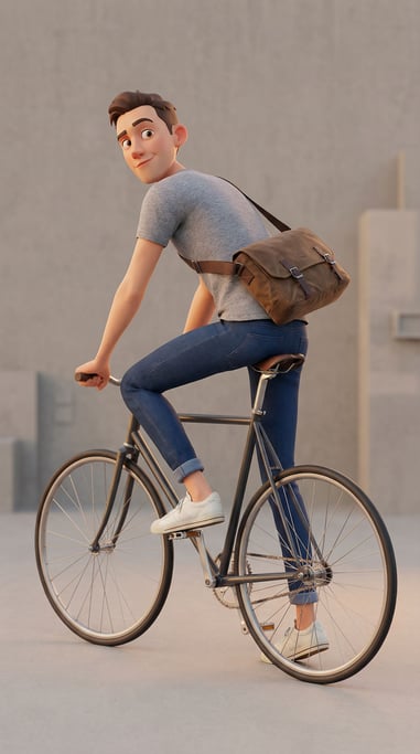 3D rendered stylized character — cyclist character straddling a fixie bike — messenger bag cross-body in waxed canvas brown