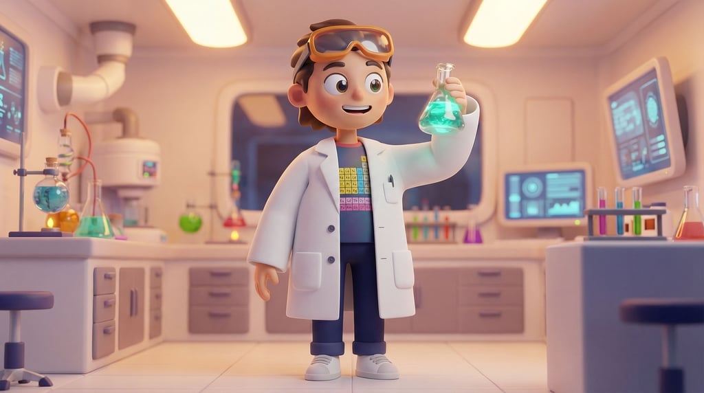 3D rendered stylized character — science character in a lab coat — the coat slightly oversized and crisp white