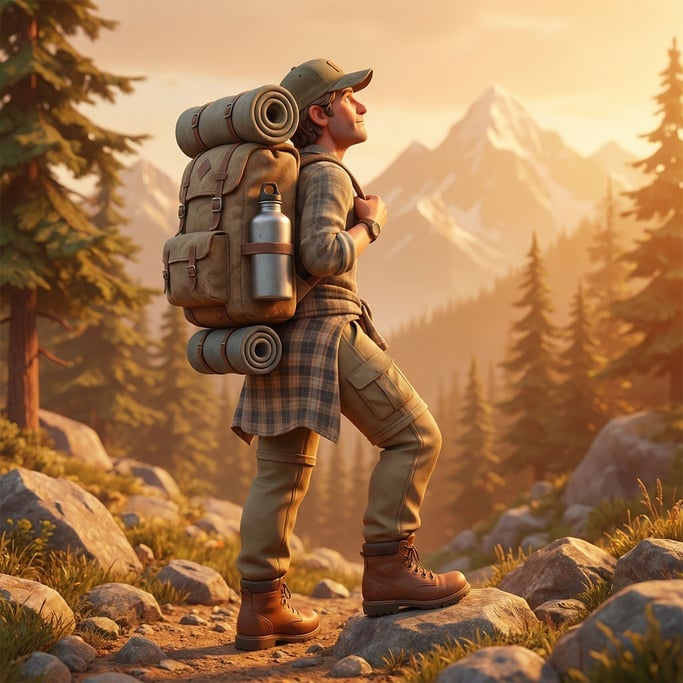 3D rendered stylized character — traveler character with a massive backpack — hiking boots in brown leather