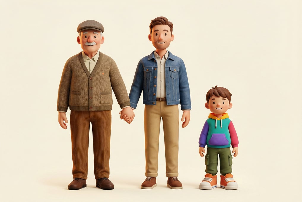 3D rendered stylized group — Three generations: child