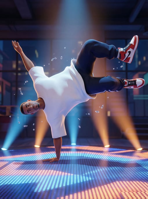3D rendered stylized character — break-dancer frozen mid-windmill — one hand planted