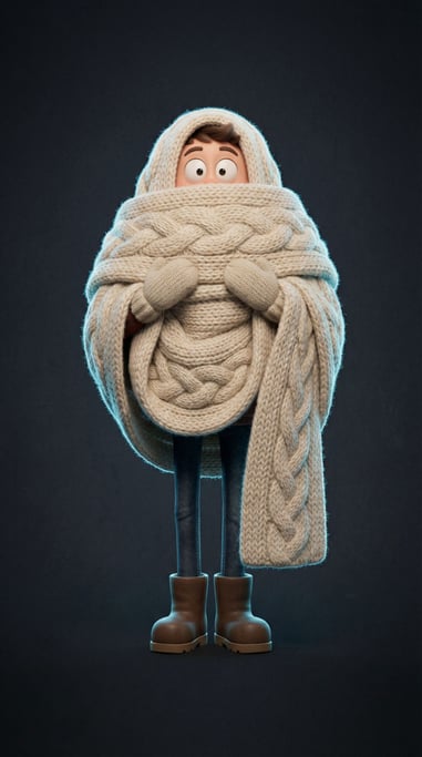 3D rendered stylized character — wrapped in an enormous scarf — the scarf in chunky knit cream wool engulfing the figure from chin to mid-thigh