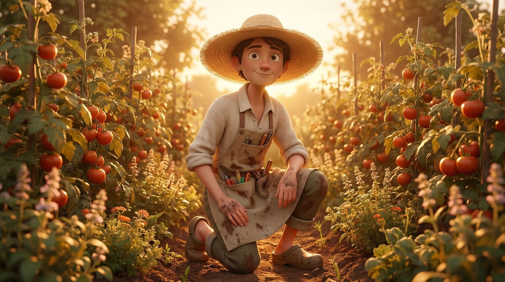 3D rendered stylized character — gardener character knee-deep in plants — wide-brimmed straw hat