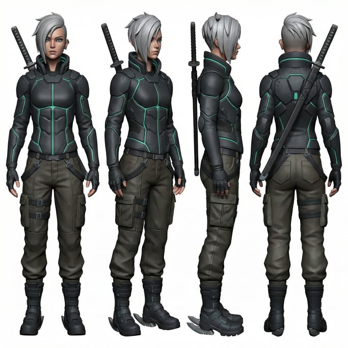 3D rendered stylized character — character-design turnaround of a cyberpunk street samurai: asymmetric haircut in silver
