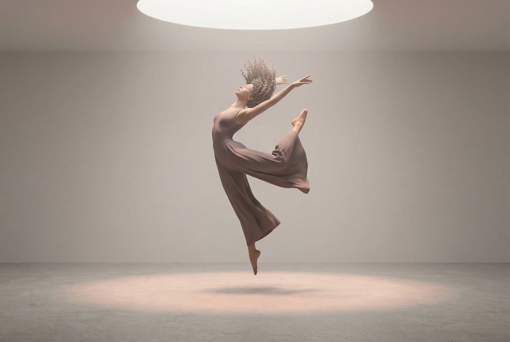 3D rendered stylized character — dancer mid-leap — flowing contemporary outfit in dusty mauve