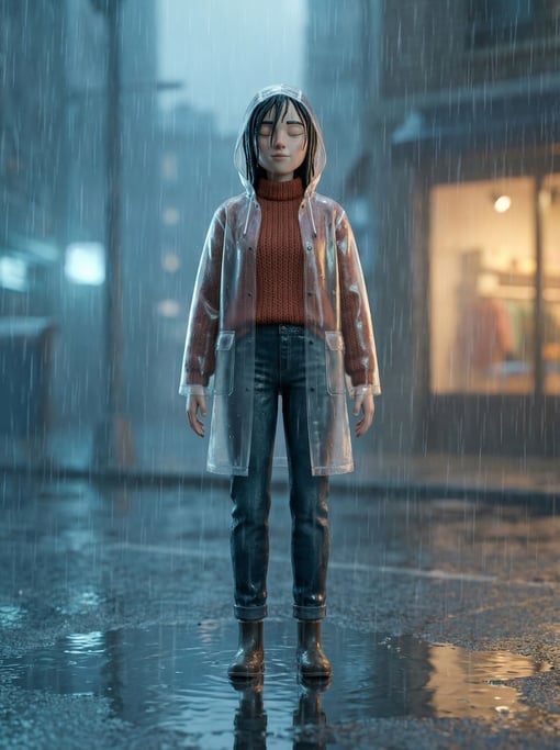 3D rendered stylized character — rain-soaked character standing still — transparent raincoat over a warm sweater in rust