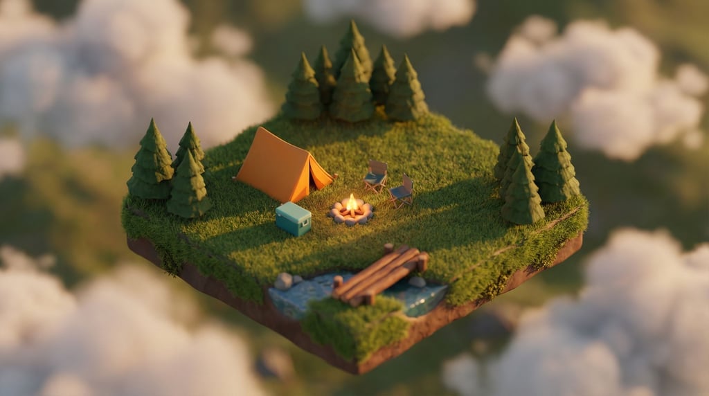 Isometric camping diorama on a floating grass-covered platform — a tiny orange tent