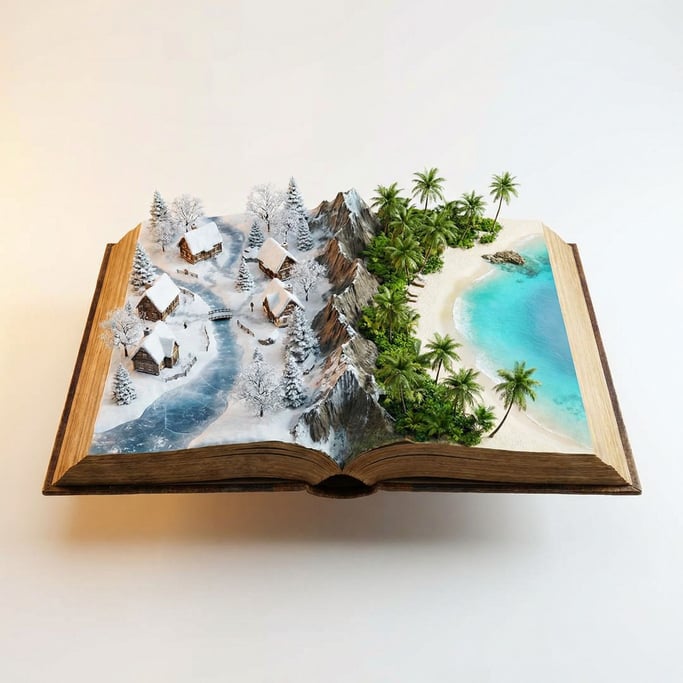 Floating island shaped like an open book — on the left page a miniature winter village with snow-dusted rooftops