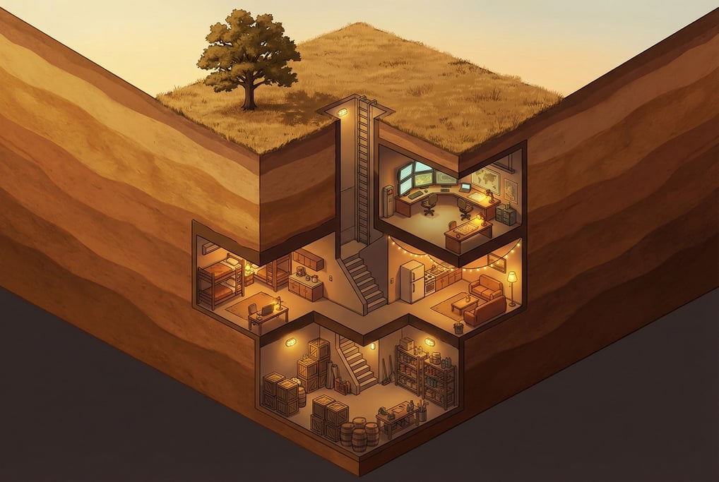 Isometric cross-section of an underground bunker — surface level shows a plain field with a single tree