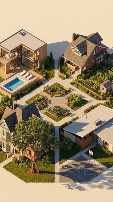 Isometric neighborhood block — four houses of different architectural styles arranged around a central courtyard