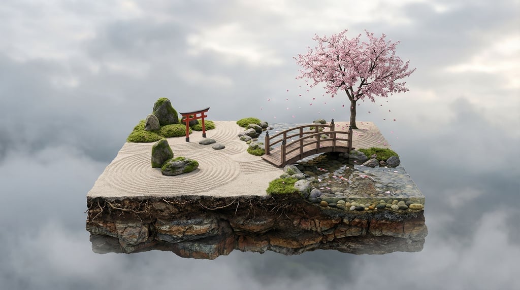 Floating platform diorama of a Japanese zen garden — raked sand patterns