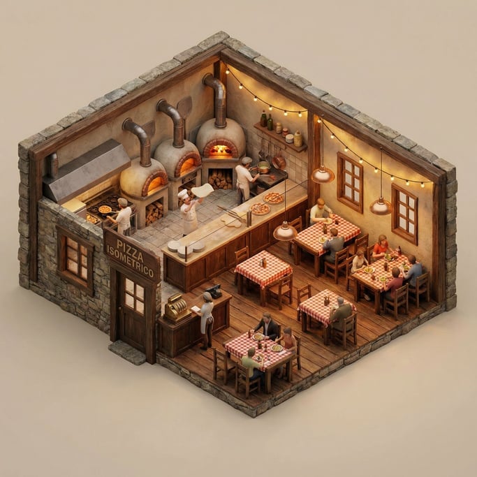 Isometric pizza restaurant interior viewed from above — kitchen with tiny ovens and a chef tossing dough