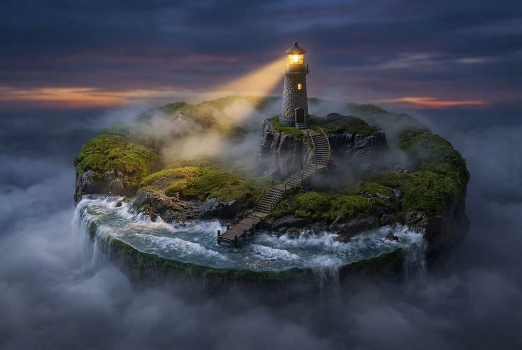 Circular floating island with a lighthouse on a rocky cliff at center — tiny waves lapping at the island's edges and spilling over into the void below