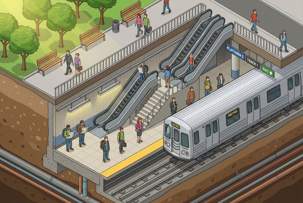 Isometric subway station cross-section — the street level shows a park with benches and trees