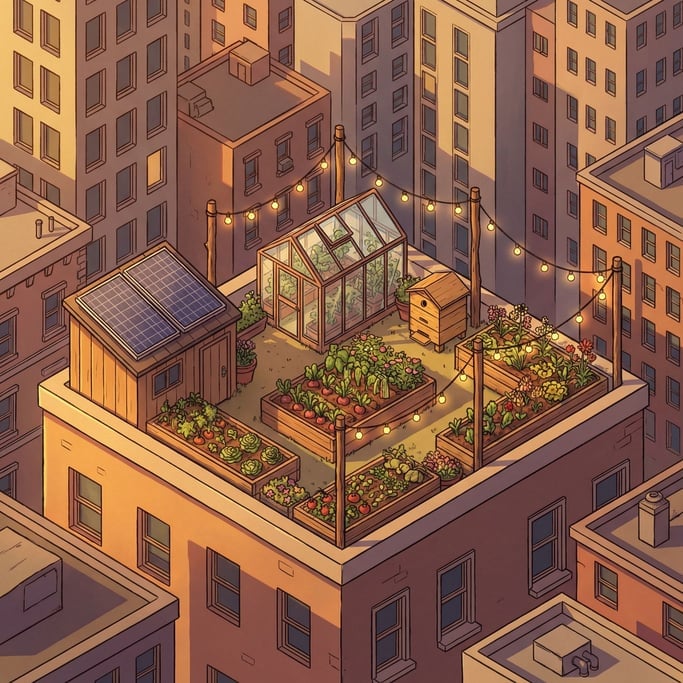 Isometric rooftop garden in a city — a flat roof with raised planting beds full of vegetables