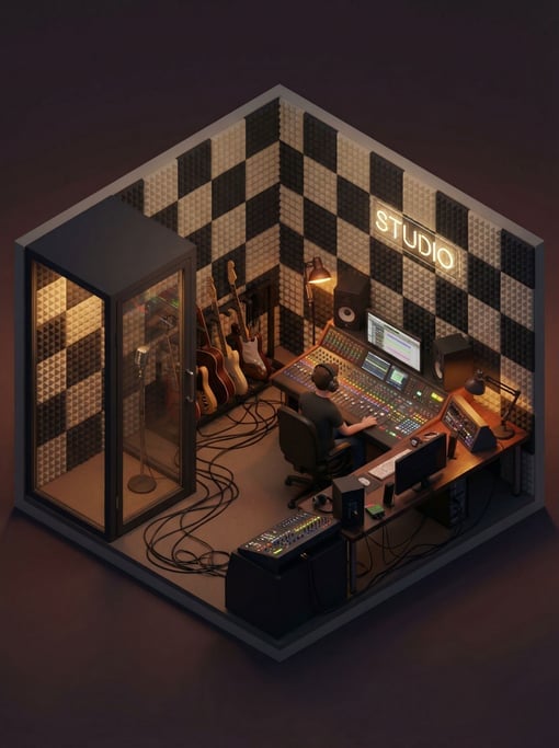 Isometric music studio — a mixing desk with tiny faders
