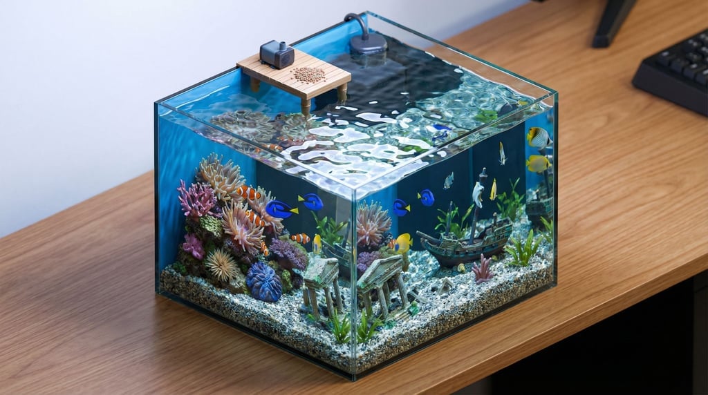 Isometric aquarium slice — glass walls visible on two sides
