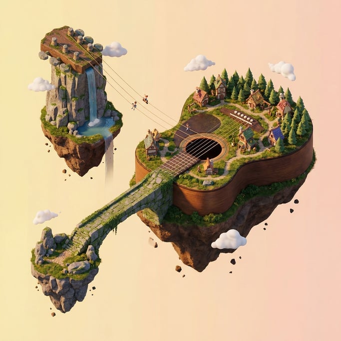 Floating island shaped like a guitar — the body forms the landmass with a forest and village on the soundboard