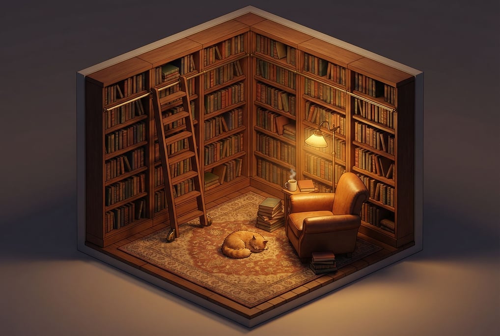Isometric corner of a library — floor-to-ceiling bookshelves on two walls
