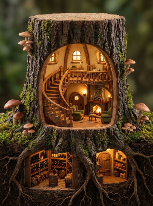 Diorama inside a hollowed-out tree stump — the interior carved into a tiny multi-level home with spiral staircase
