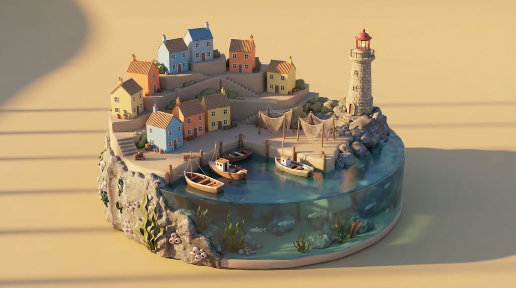 Floating platform of a coastal fishing village — colorful houses climbing a hillside