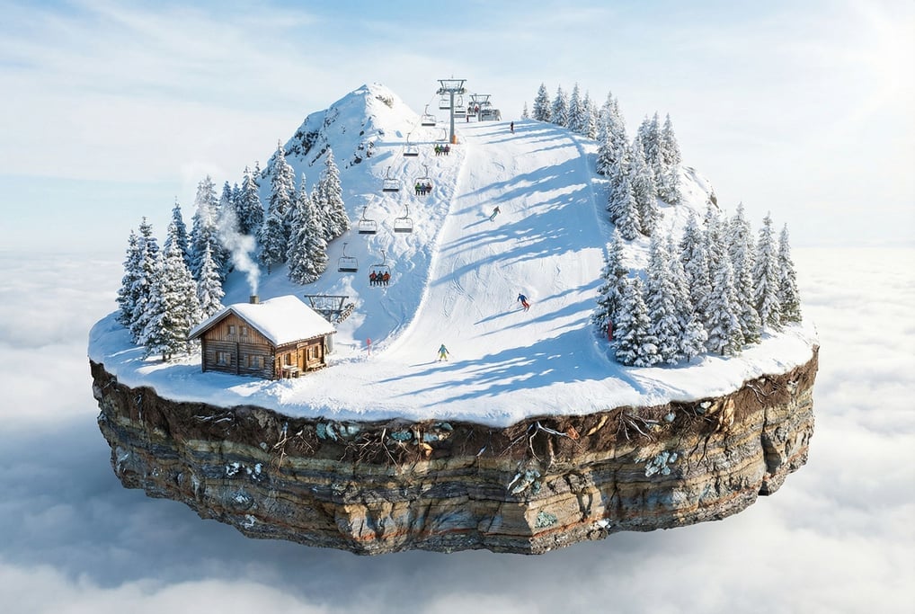 Tiny ski resort on a floating mountain — a chairlift ascending one face
