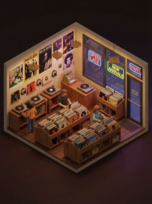 Isometric record store interior — browsing bins of vinyl organized by genre