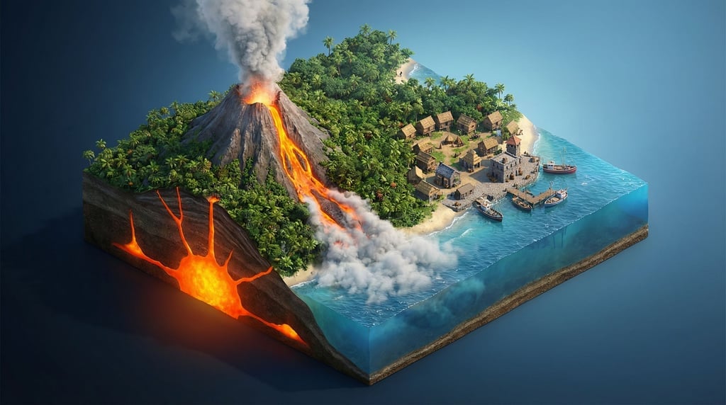 Isometric volcanic island — the cone rising from tropical jungle at the base