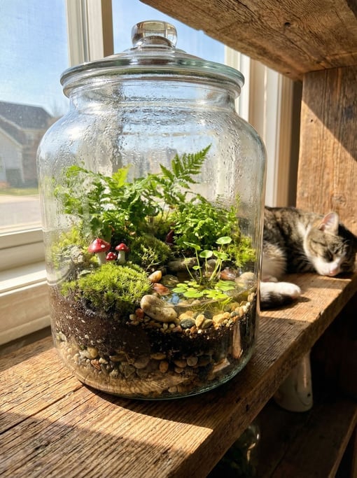 Tiny world inside a terrarium jar — layers of soil and gravel visible through the glass